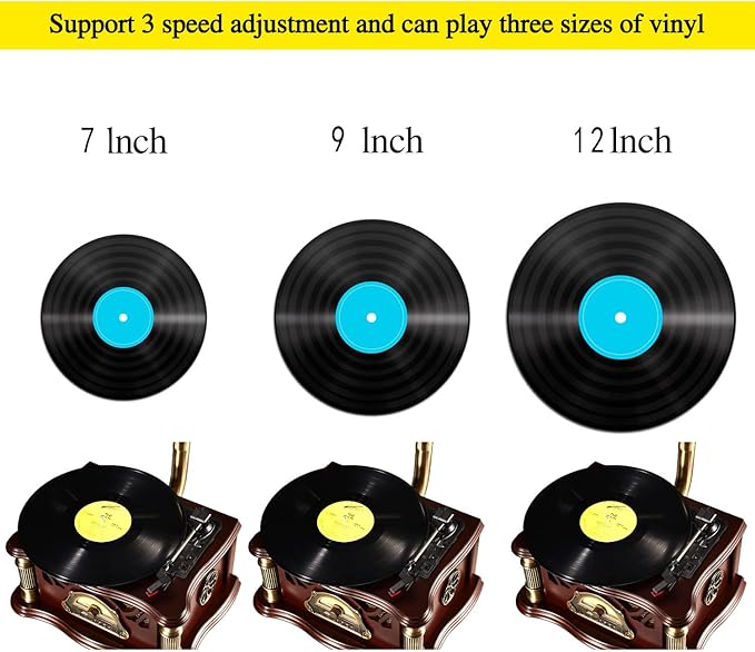 Vintage Gramophone with Bluetooth Output Vintage Record Players Retro Gramophone Turntables for 7" 9" 12" Vinyl Records 3 Speed, Hi-Fi, Handcrafted by Pure Oak (Dark Green)