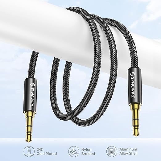 SYNCWIRE 3.5mm Nylon Braided Aux Cable (16.4ft/5m, Hi-Fi Sound), Audio Auxiliary Input Adapter Male to Male AUX Cord for Headphones, Car, Home Stereo, Speaker, iPhone, iPad, iPod, Echo & More - Black