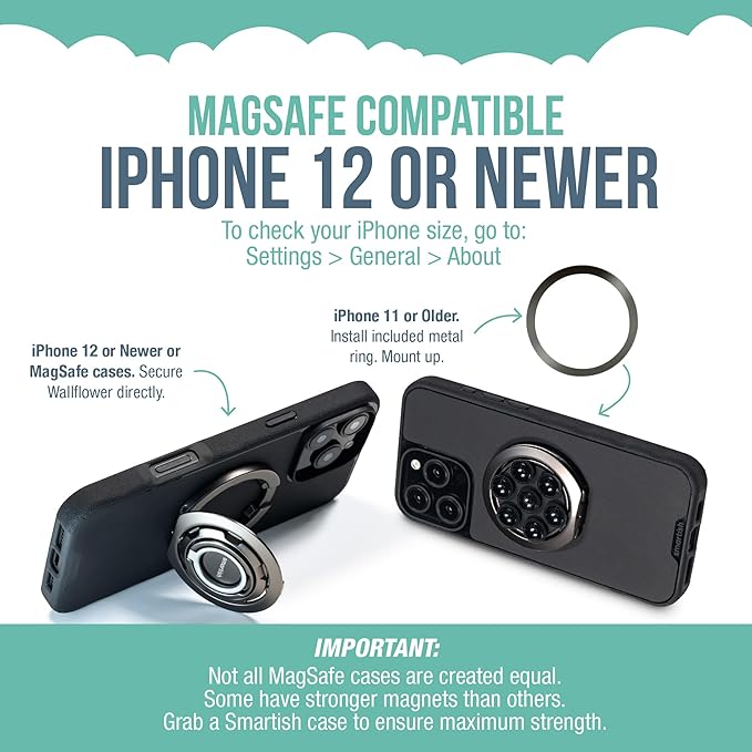 Smartish® MagSafe Suction Mount - WallFlower - 3 in 1 Reversible Magnetic Phone Grip Finger Loop, Suction Mount, Kickstand w/Universal MagSafe Adapter Kit for Apple iPhone - Black Tie Affair