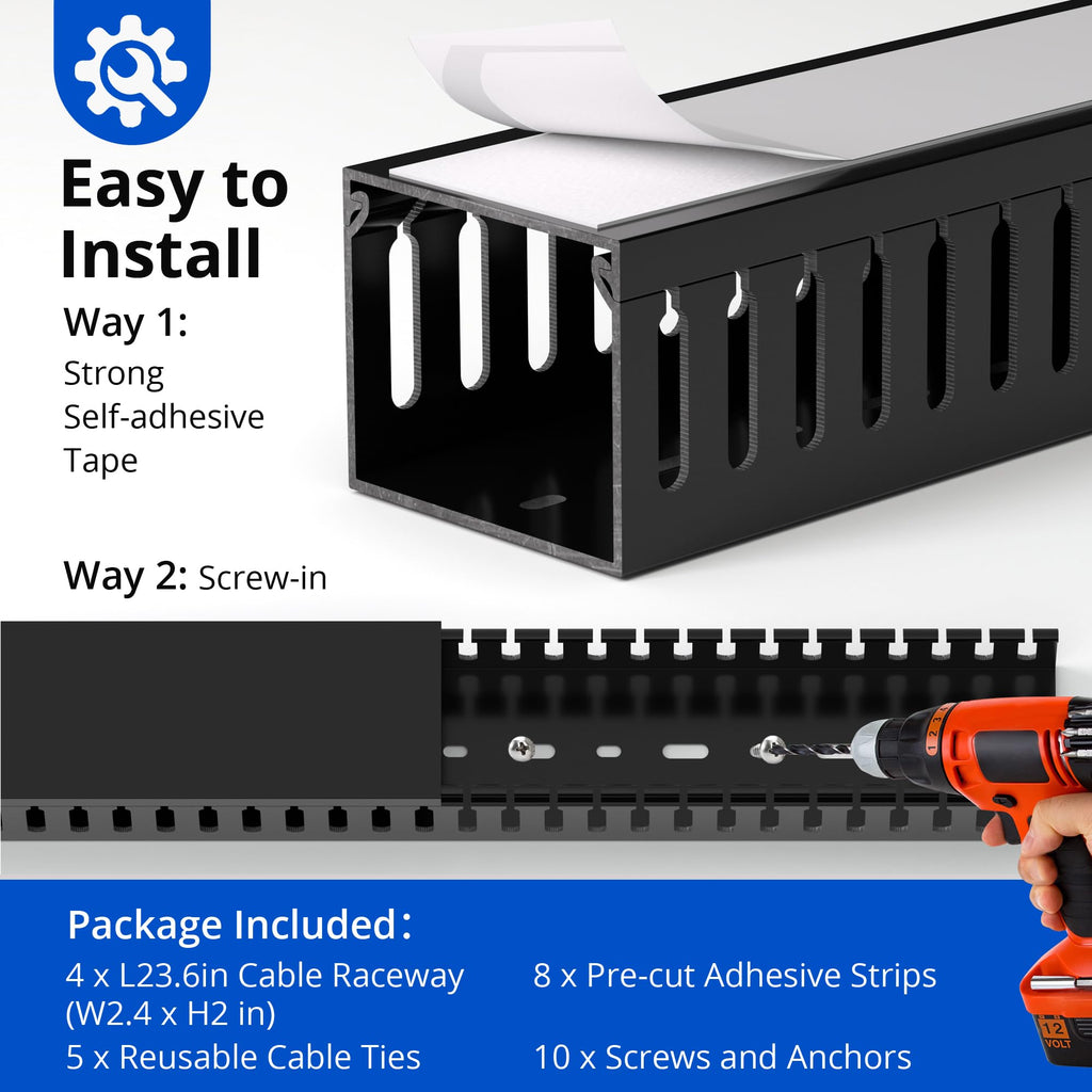 ZhiYo 2"H x 2.4"W Cable Management Raceway, 95in Under Desk Channel, Black