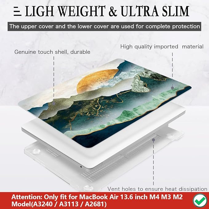CISSOOK Mountain Case for MacBook Air 13.6 inch 2025 2024 2022 Release Model A3240 A3113 A2681, Plastic Sunshine Mountain Scenery Cover for MacBook Air 13 M4 M3 M2 Case with Keyboard Cover