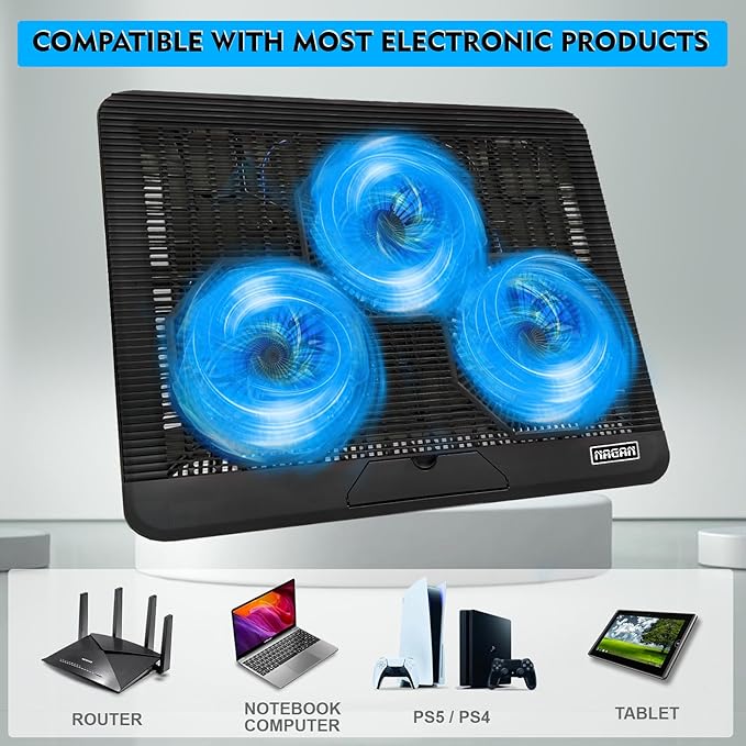 NAGAN Laptop Cooling Pad with Dual USB Ports, USB Powered Cooling Pad for Laptop with 2 Adjustable-Height, 3 Fan with Blue Light, Fits 15-17.3 inch Laptops