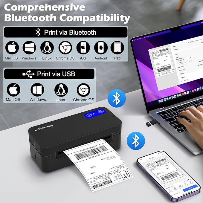 Bluetooth Thermal Label Printer for Mac, Windows, Phone, Tablet, Wireless 4x6 Shipping Label Printer for Shipping Packages, Support USPS, Ebay, Amazon, Pirate Ship