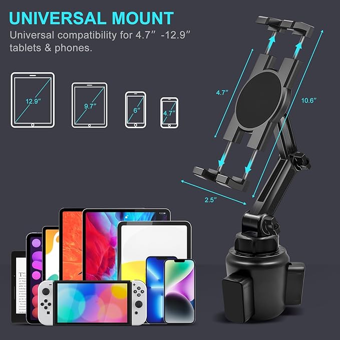 Cup Holder Car Tablet Mount, 360° Adjustable 2-Arm Stand Holder for iPad Pro 12.9/11/10.5/9.7/Air/Mini 6/5/4, Samsung Galaxy Tab/Z Fold 6/5, Amazon Fire HD, iPhone 16/15/14/Pro, 4.7-12.9" Tab & Phone