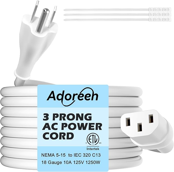 Adoreen 20 Ft Computer TV Replacement Power Cord White, Low Profile Flat Plug to 90 Degree Angled L-Shaped 18AWG 3-Prong AC Universal Power Supply Cable for Printer, PC, Monitor TV LCD, ETL+Ties