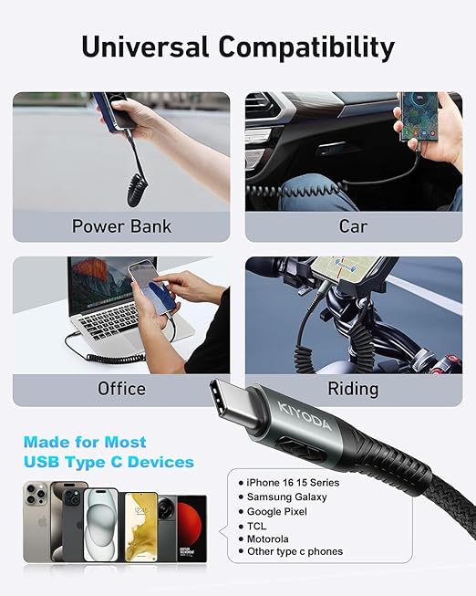 USB C to USB C Cable Coiled 6FT 2Pack, Braided Type C Charger for Car-Black
