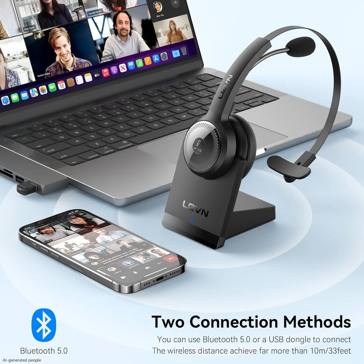 LEVN Bluetooth 5.0 Headset, Wireless Headset with Microphone (AI Noise Cancelling), 35Hrs Bluetooth Headphones with USB Dongle for PC, Suitable for Remote Work/Call Center/Zoom/Online Class, Black
