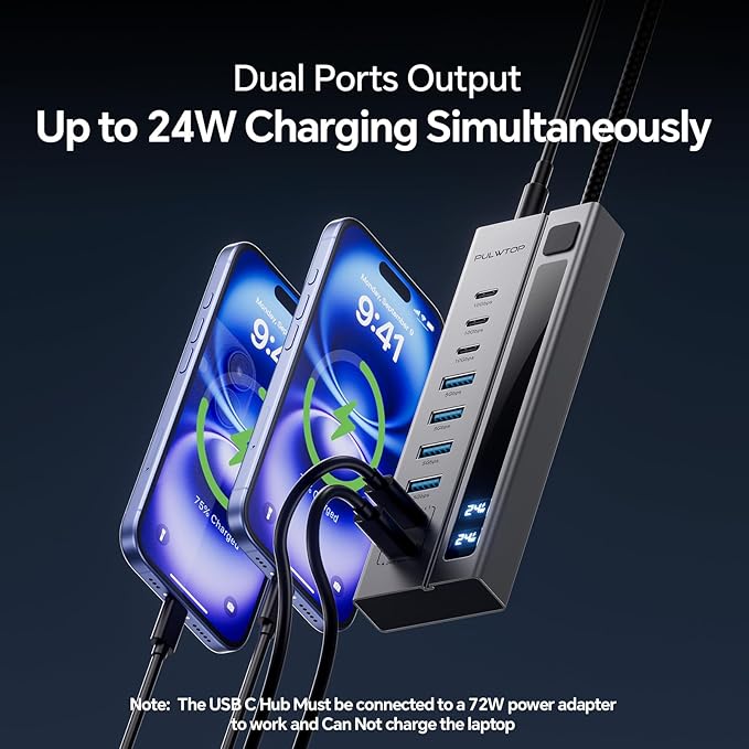 Powered USB C Hub, PULWTOP 11-in-1 Power Hub with SD/TF, 2*USB-C 10Gbps, 4*USB-A 5/10Gbps and 2 * 24/45W Type-C PD Charging Ports (Not Support Video), USB Powered Hub 72W DC Adapter Included