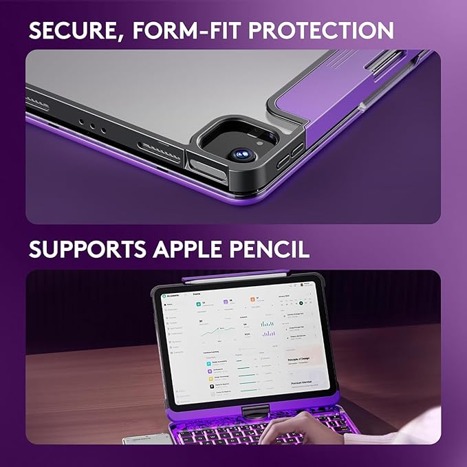 KITONE Transparent Case with Wireless Keyboard for iPad 10.2-in (7th, 8th, and 9th Gen), 7 Colors Backlight, Trackpad, 360°Rotating Stand, Tech Style
