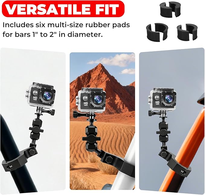 Jerbor Aluminum UTV ATV Camera Mount Holder 360° Compatible with 1.75"-2" Roll Bar and Tube, Fit for GoPro Hero,for Insta360 and Other Action Cameras