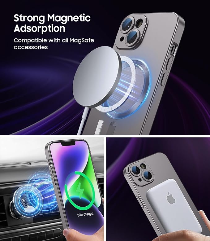 Magnetic for iPhone 15 Case [Compatible with MagSafe][Built-in Camera Lens Protector] Slim Soft Silicone Bumper Shockproof Metallic Shine Phone Case (Gray)