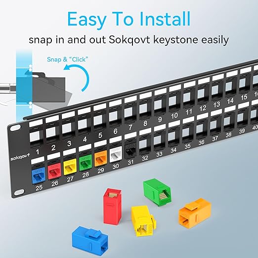 Sokqovt 48 Port Blank Keystone Patch Panel with Snap-in Design, Cat6 Network Patch Panel 2U 19 inch, Rack Mount Ethernet Patch Panel (for Slim Keystone Only)