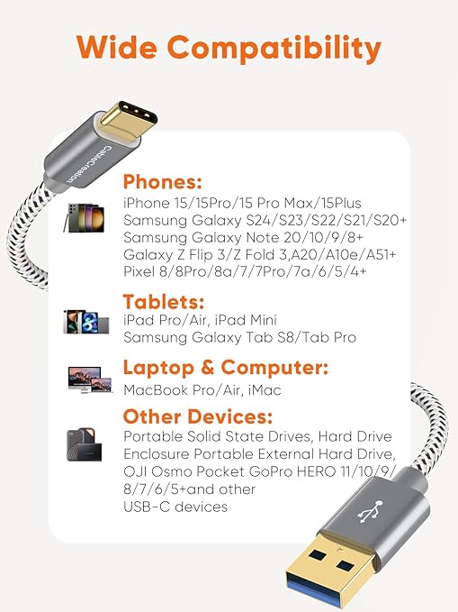 CableCreation USB C to USB A Cable 3FT, 10Gbps USB C to USB 3.2 USB 3.1 Gen2 USB A to C Data Cable, Android Auto 3A Fast Charge Cord for Type C External SSD MacBook, Galaxy S24+, iPhone 15/16+