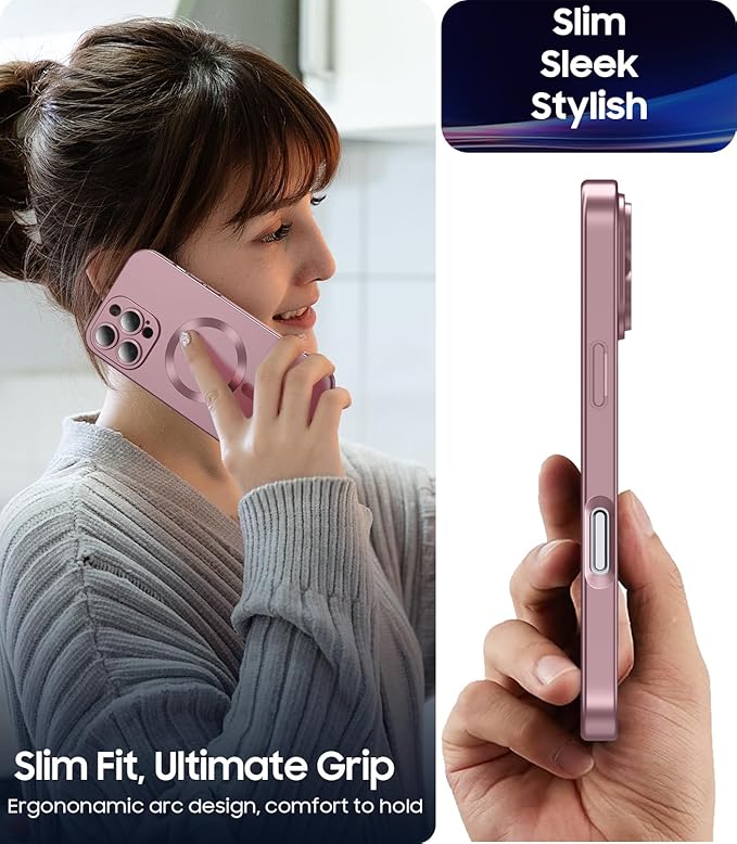 Magnetic for iPhone 16 Pro Case [Compatible with MagSafe][Built-in Camera Lens Protector] Slim Soft Silicone Bumper Shockproof Metallic Luster Phone Case (Rose Gold)