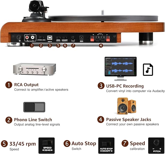 Vinyl Record Player with Bluetooth Input Output,Turntable with Built-in Preamp,USB Recording,Speed Adjustment,Counterweight and Moving Magnet Stylus,Upgraded Single-Platter Design (No Sub-Platter)
