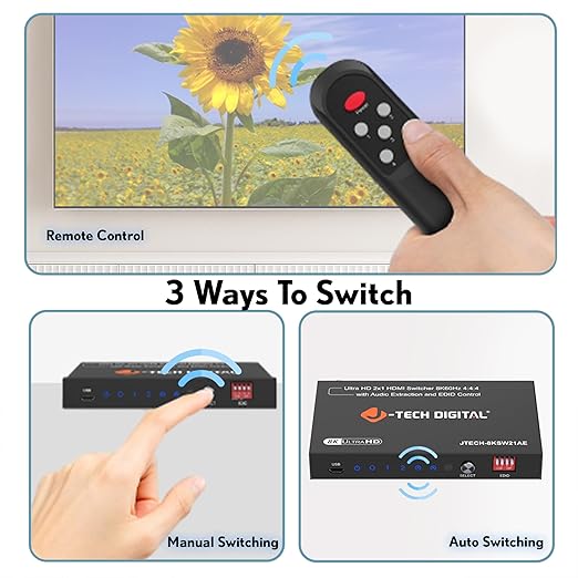 8K HDMI Switch 2 in 1 Out, 8K@60Hz 4K@120Hz 1080P@240Hz with Audio Extraction, HDMI to Optical & Analog 3.5mm, HDR HDCP2.3 EDID Control (JTECH-8KSW21AE)
