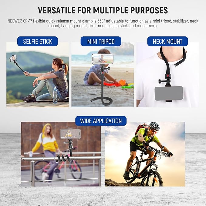 NEEWER Flexible Phone Holder with Magnetic Quick Release Camera Mount Compatible with Insta360 DJI Action 4 iPhone, Bendable Selfie Stick for Shopping Cart/Stroller/Treadmill/Gym, GP-17