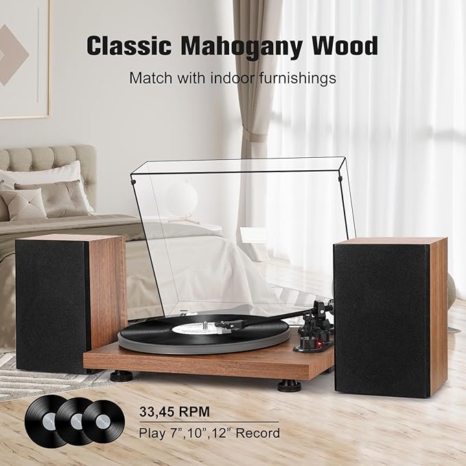 Record Player Turntable with 40W Speakers and Bluetooth Output Input for Vinyl Records,Vinyl Record Player with Built-in Preamp,AT-3600L Cartridge,USB Record,Pitch and Counterweight