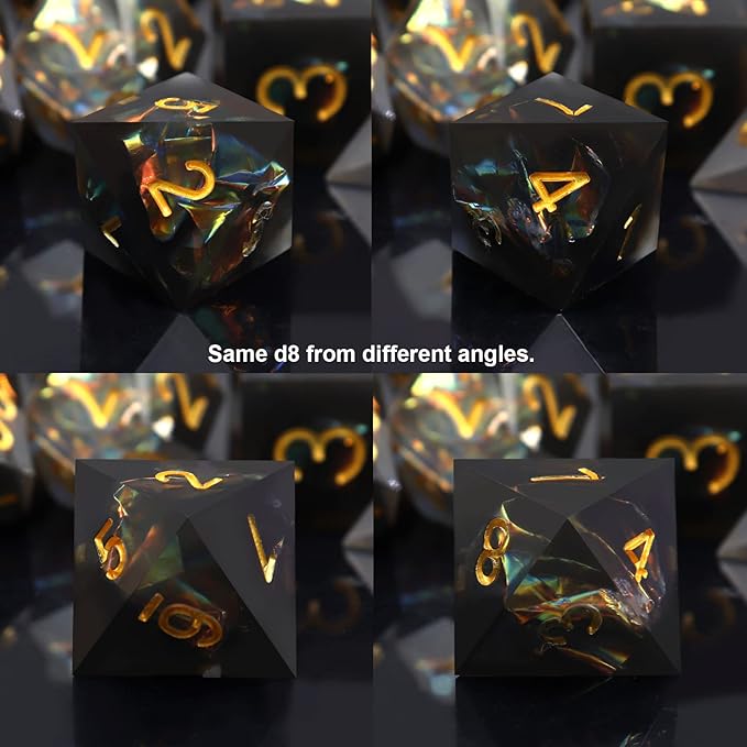 Haxtec Sharp Edge Dice Set DND Dice Black Resin Dice Iridecent Mylar Galaxy D&D Dice for RPG Role Playing Compatible with Dungeons and Dragons Gift