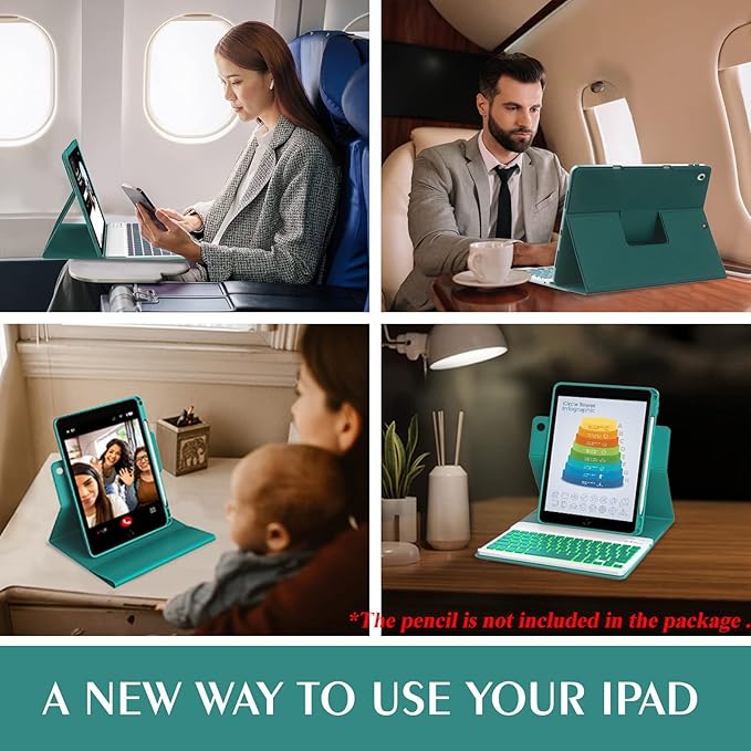 Keyboard Case for iPad 9th/8th/7th Generation 10.2 inch 2021/2020/2019 & ipad Pro 10.5-inch & ipad Air 3 2019-Backlit Detachable keyboard 360° Rotatable Folio Cover with upper pencil holder-(Teal)