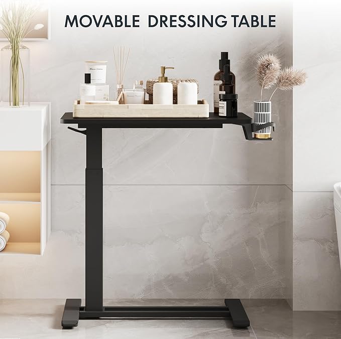 FLEXISPOT H7 Adjustable Overbed Bedside Table with Wheels Pneumatic Mobile Standing Desk Laptop Desk Rolling Computer Cart Movable Overbed Tables Hospital Home Use(27.6" W x 15.7" D, Black Table)
