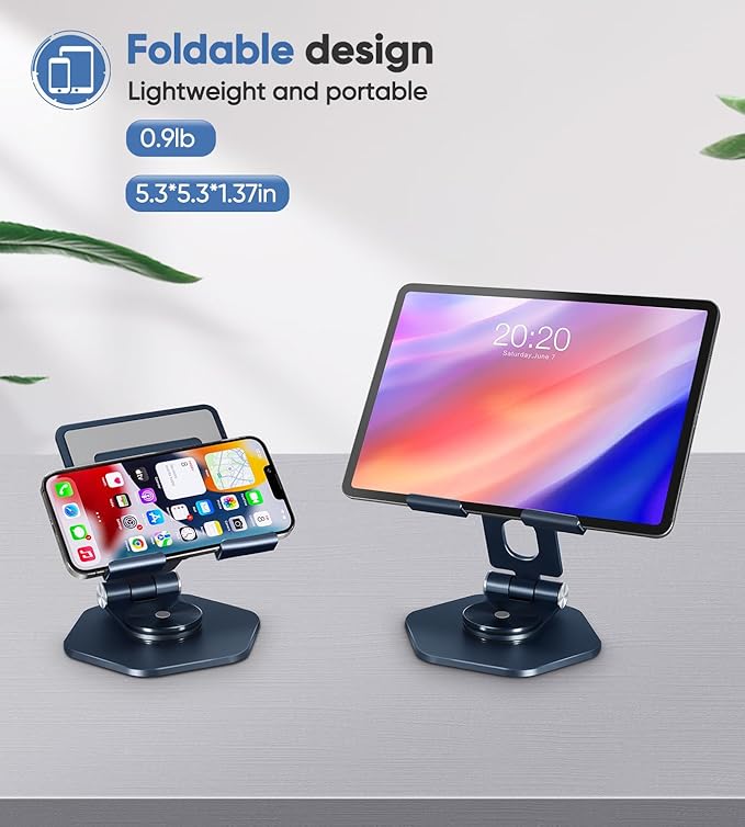 Foldable Aluminum Tablet Stand for Desk, 360° Swivel iPad & Tablet Holder – Portable & Stable Desktop Mount for 5–12.9in Devices, Dark Grey
