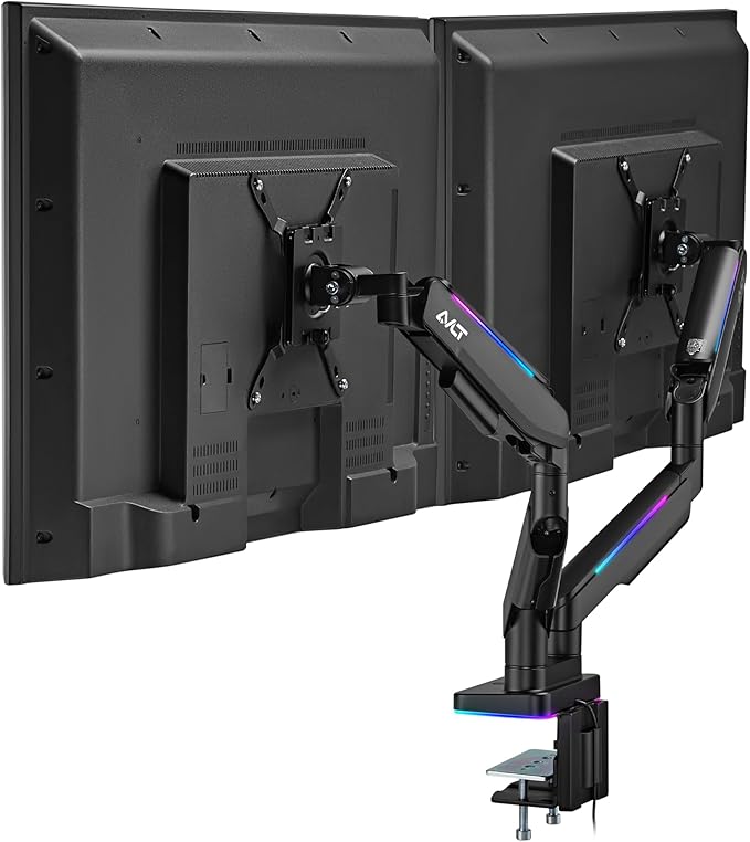 AVLT RGB Lights Dual 17”-43” Gaming Monitor Arm Desk Mount, Fits Two Flat/Curved/Ultrawide Screen up to 44lbs(20kg), Height Swivel Tilt Adjustable Stand - Black