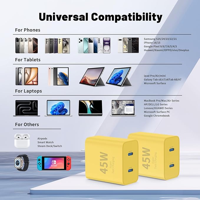 Super Fast Samsung Charger Type C,45W Dual Port USB C Fast Charger Block [2-Pack] & Extra Long 60W 3/6/6/10FT USB C Cable - PD Quick Charging 3.0 for Samsung Galaxy S25 Ultra/S24+/S23 iPhone 16