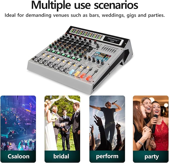 Depusheng AG8 Professional audio mixer 8 Channel with MP3 Player Source USB recording,With grouping and 2 AUX interfaces, 99DSP EFFECTfor Professional and Beginners