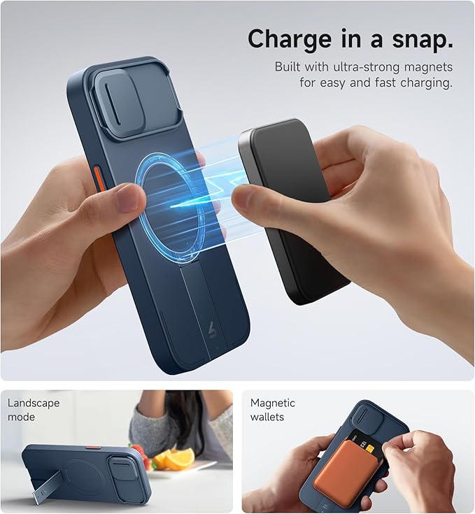 SURITCH for iPhone 15 Case with Magnetic Camera Slide Cover and Adjustable Kickstand, Compatible with MagSafe, Shockproof Bumper Case Slim Protective Cover 6.1 Inch, Blue