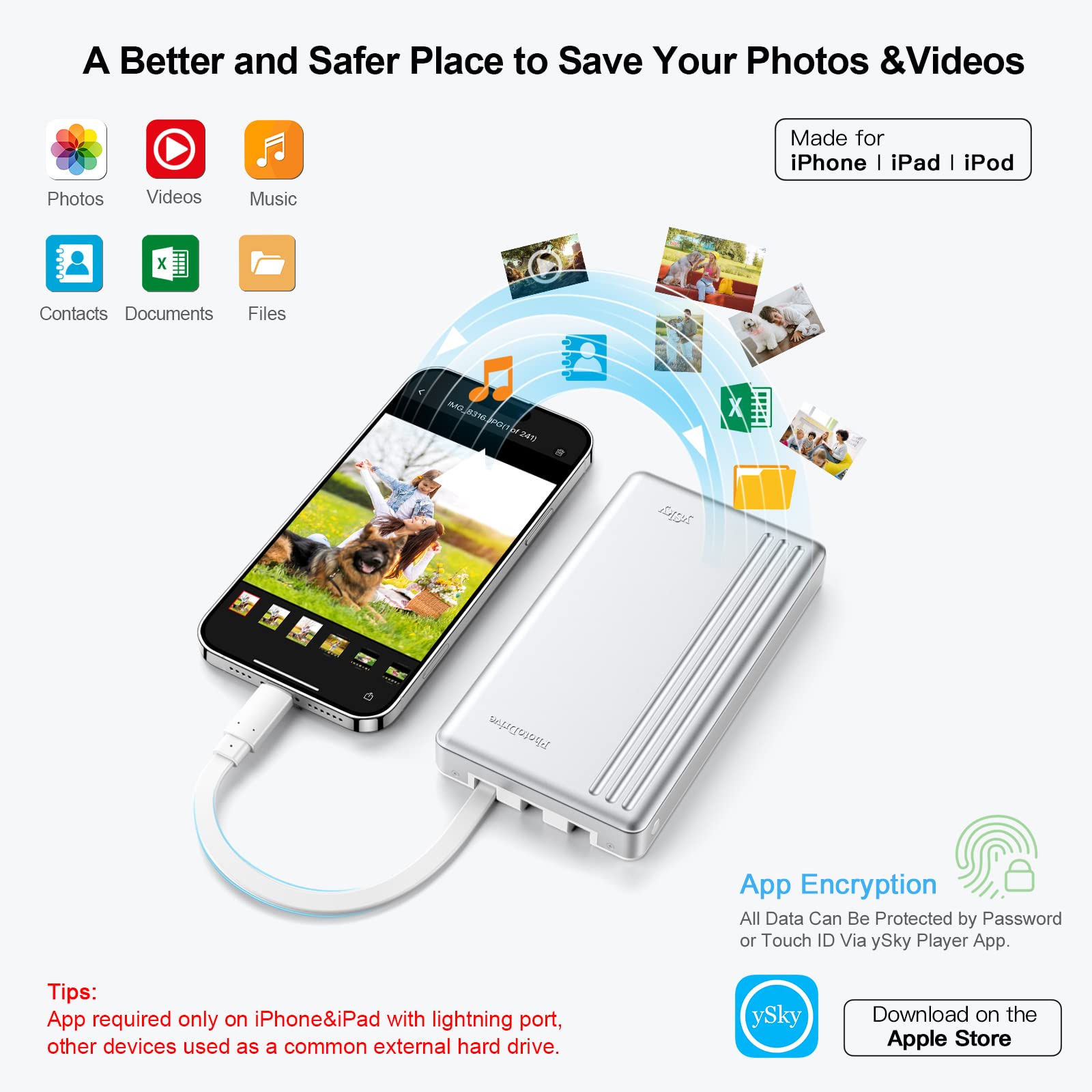 MFi Certified 2TB External Hard Drive for iPhone iPad MacBook Computer,Photo Stick USB Flash Drive Storage Device for iPhone 17/16/ 15/14/13 to Backup Photo| Video | Music| File 【One-Touch Backup】