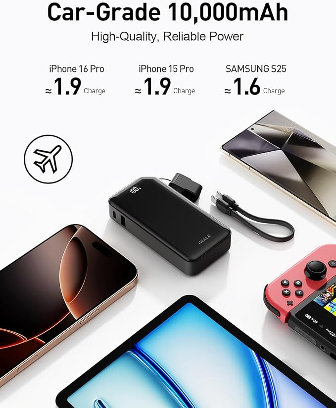 iWALK Portable Charger, Ultra Small 10,000mAh 30W PD Power Bank, USB C in&Out Fast Charging Battery Pack with Stand, Travel Essential Phone Powerbank for iPhone 16/15 Pro Max, Samsung S25/S24 Series