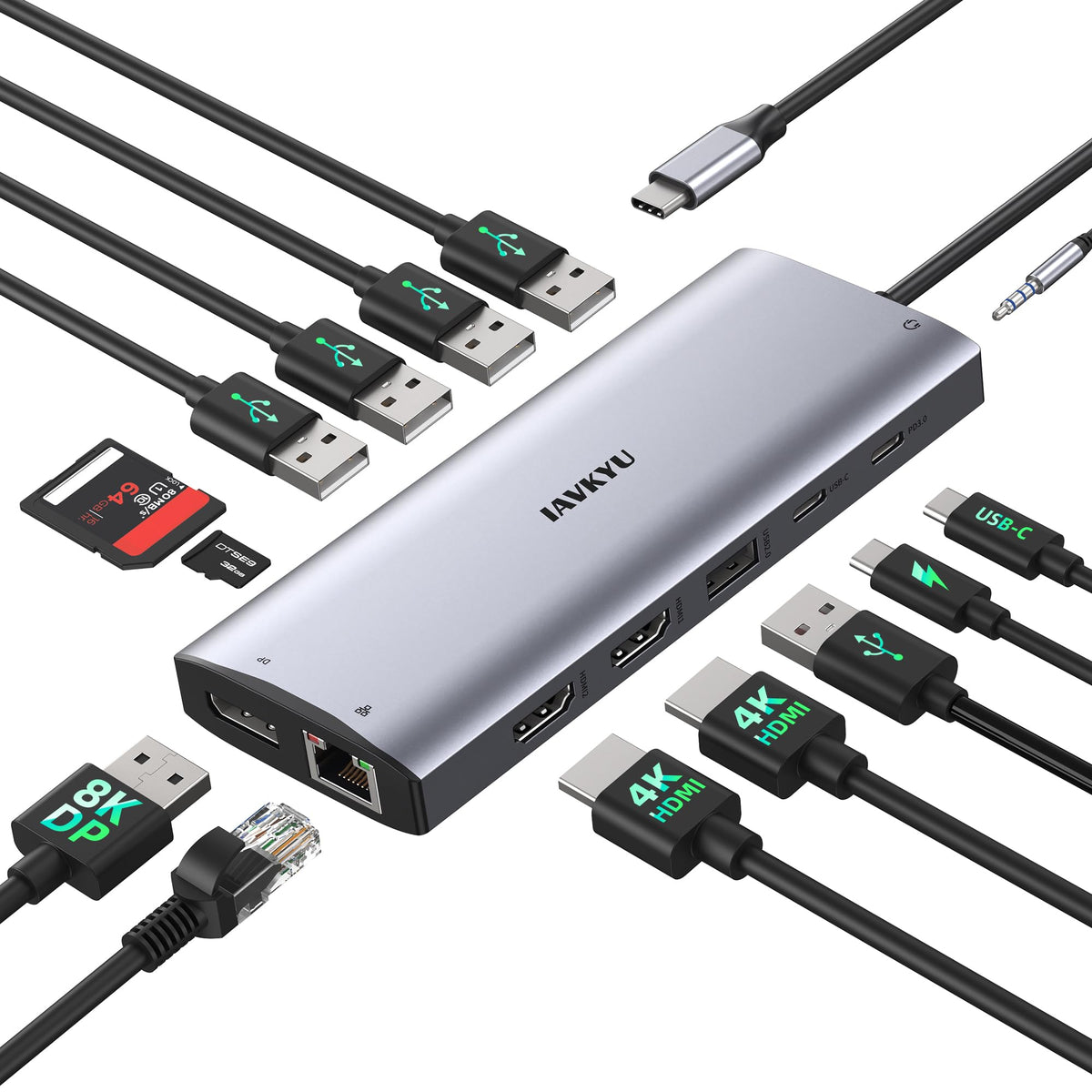 USB C Docking Station 3 Monitors 4K@60Hz, 14-in-1 Laptop Docking Station with 2 HDMI 4K@60Hz, DP 8K@30Hz/ 4K@144Hz, 3 USB 3.0, 2 USB 2.0, RJ45, Audio, PD 100W, USB-C HUB for Windows Laptop Accessories
