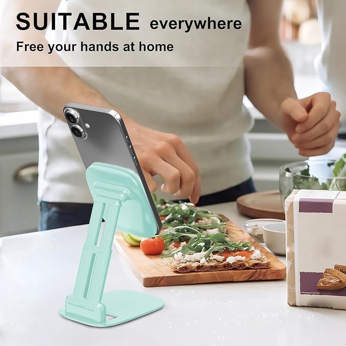 DEERLAMN Cell Phone Stand for Desk,Height Adjustable Cell Phone Holder Portable Desktop Stand, Travel Home Office Desk Accessories Compatible with iPhone 16/15/14/13/12/11 All Smartphone - Light Green