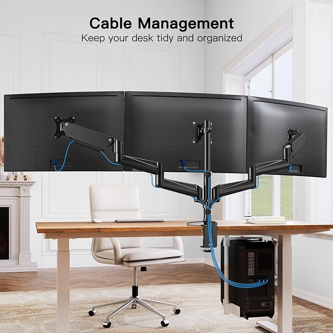 HUANUO Triple Monitor Mount for 17 to 32 inch Screens, Gas Springs Adjustment Triple Monitor Stand with Swivel, Tilt, Rotation, Clamp & Grommet Kit (Black)