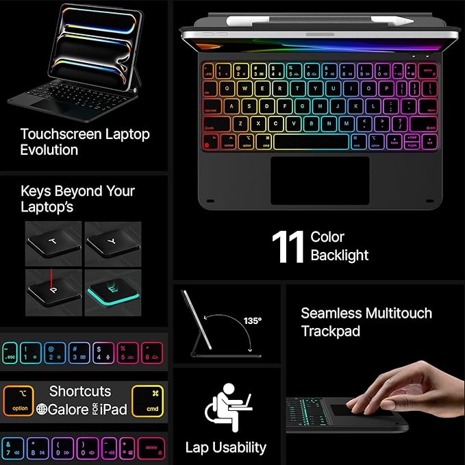typecase Edge Keyboard Case for iPad Pro 11-inch (M4) 2024,Magic Keyboard with 11 Colors Backlight for iPad Pro 11,Keyboard Case with Pencil Holder,Multi-Touch Trackpad, Easy-Set Magnetic Stand,Black