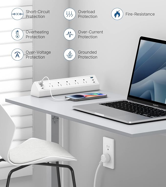 Desk Clamp Power Strip USB C,Under Desk Mount Power Station,20W Fast Charging,Fits 1.9'' Tabletop Edge,Desk Surge Protector,Perfect Home,Office Supplies (White, 5 Outlets & 6 USB Ports & 25 FT Cable)