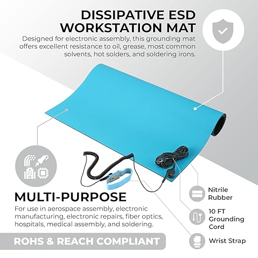 MWRF ESD Mat Kit with Wrist Strap and Grounding Cord (2.5 FT x 4 FT x 0.12 Inch, Blue) - MWRF Source