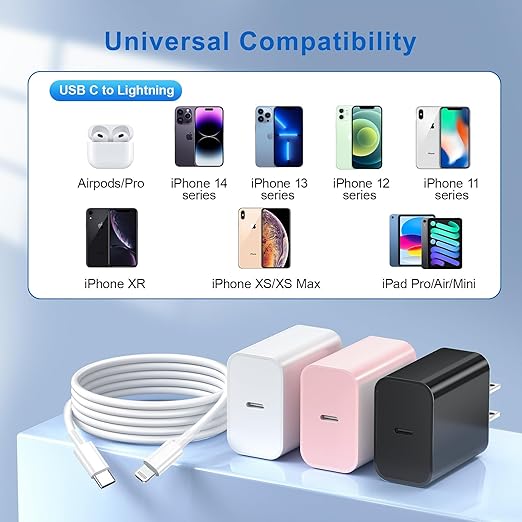 for iPhone 14 13 12 11 Fast Charger, [MFi Certified] 3 Pack 20W USB C Charger Block with 3FT&6FT&10FT USB C to ightning Fast Charging Cable Compatible with iPhone 14/13/12/11/Pro/Pro Max/Xs/Xr/X