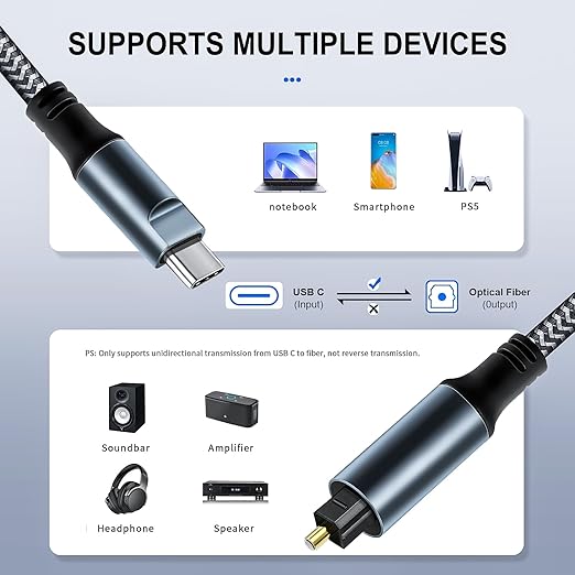 Kumiho Braided USB C to Optical Audio Cable 10Ft USB C to Toslink Optical Cable with Gold-Plated Connector for TV/Soundbar, Sony PS5,Speakers & Home Theater Systems