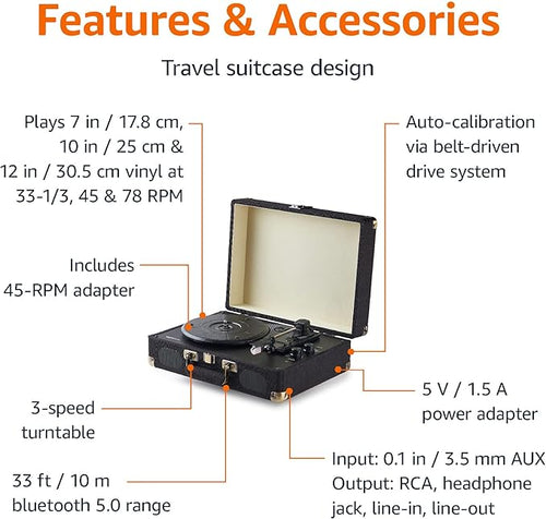 Amazon Basics Portable Suitcase Vinyl Turntable Record Player with Built-in Stereo Speakers, Belt Drive, 3-Speed, Bluetooth Playback, Black