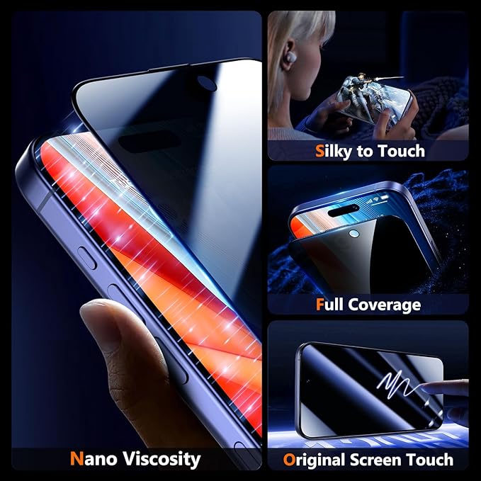 UniqueMe for iPhone 15 Plus / 16 Plus Privacy Screen Protector - [Military Grade Shatterproof & 9H+ Hardness] Tempered Glass Full Coverage Protection,Easy to install,2 Packs