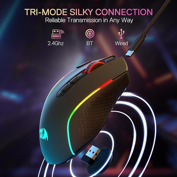 Redragon M810 MAX 3-Mode Wireless Gaming Mouse, 12000 DPI Wired/Wireless RGB Mouse w/Rapid Fire Key, 8 Macro Buttons, 188-Hour Reliable Power Capacity for PC/Mac/Laptop