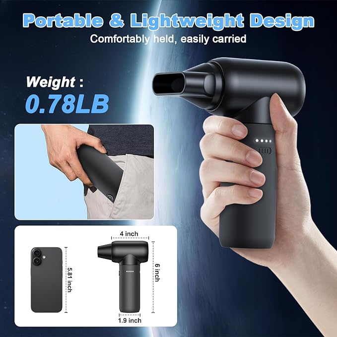 Electric Air Duster, 110,000 RPM 3 Gear Adjustable Cordless Air Blower, 6000mAh Rechargeable Battery,Portable Dust Cleaner for Computer,Car Home & Outdoor,Replaces Compressed Air Cans