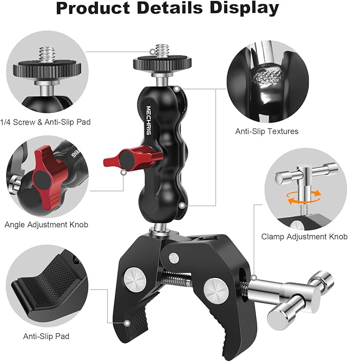 Camera Clamp Mount with Dual Ballhead Magic Arm, Aluminum Camera Mount Super Clamp Kit for DSLR Action Camera/Phone/Monitor/LED Light/Microphone, for Desk/Tripod/Tube/Crossbar (SY001)