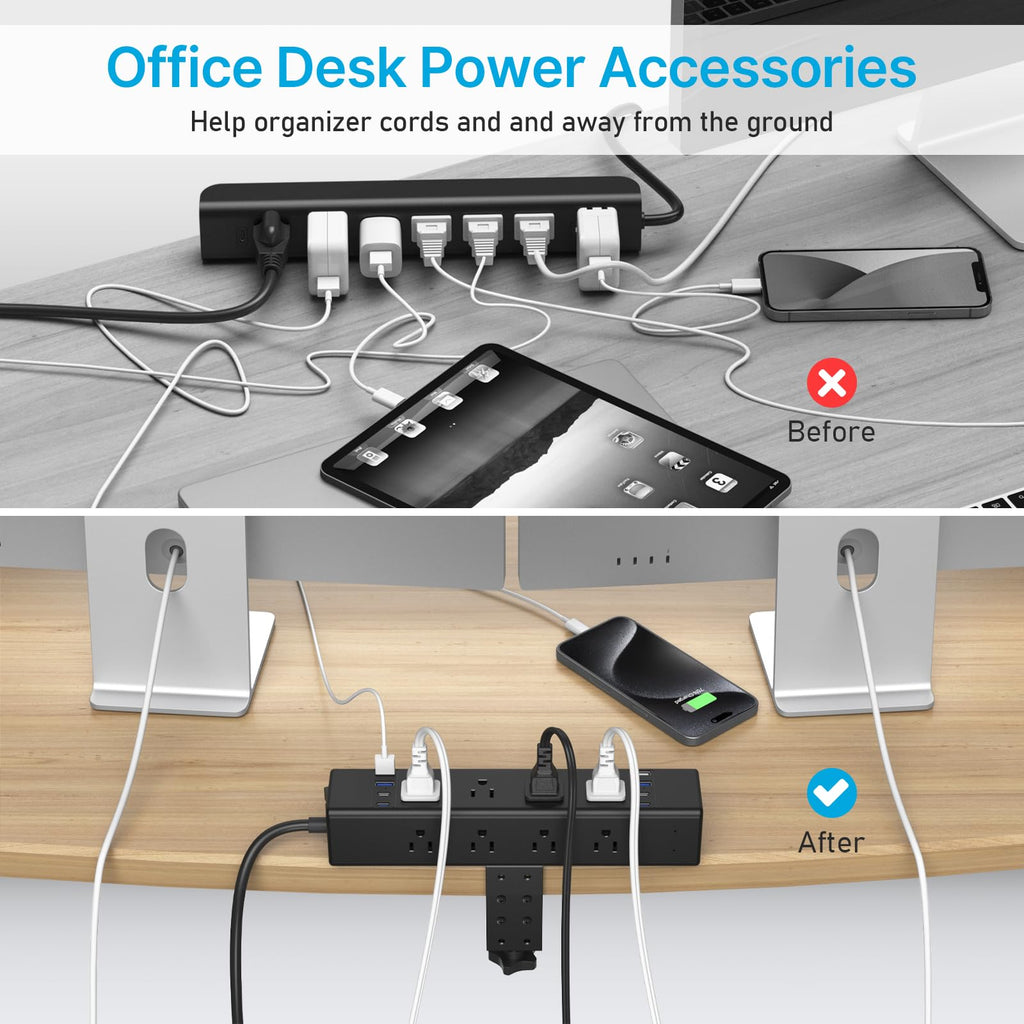 CCCEI 20W Per Side USB-C Desktop Outlet Station, Clamp Power Strip Surge Protector 4800J, Home Office Standing Desk Organizers and Accessories, 10FT 14AWG 15A Extension Cord, Switch, ETL Listing.