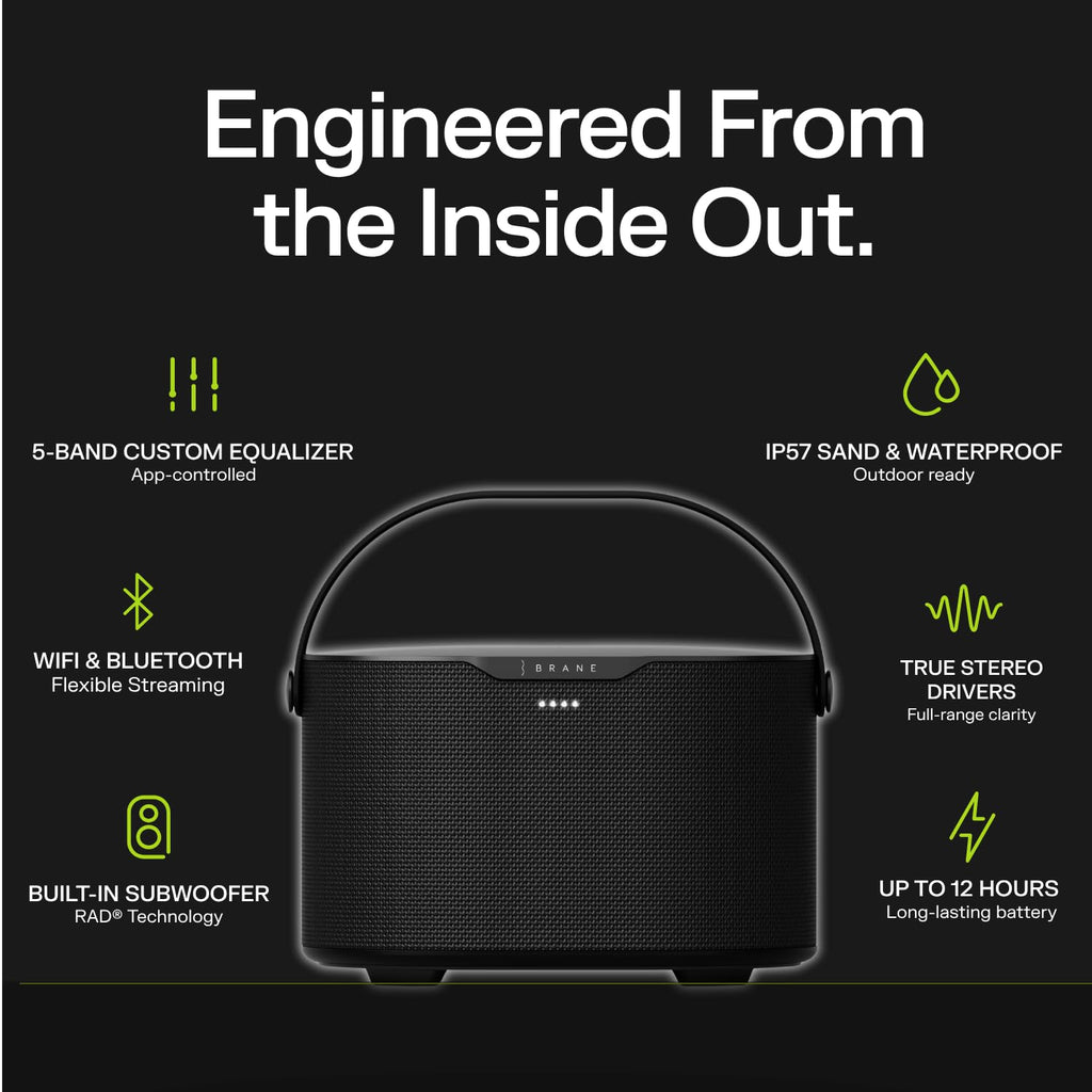 Brane Audio Brane X Smart Speaker, Portable Wireless Bluetooth Speaker, Internal RAD Subwoofer, 12 Hrs Playback, Waterproof IP57
