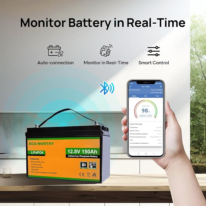 ECO-WORTHY 12V 150AH Bluetooth LiFePO4 Lithium Battery with Low Temperature Protection, Built-in 120A BMS, Perfect for Trolling Motor, Boat, RV, Camping, Home Energy Storage