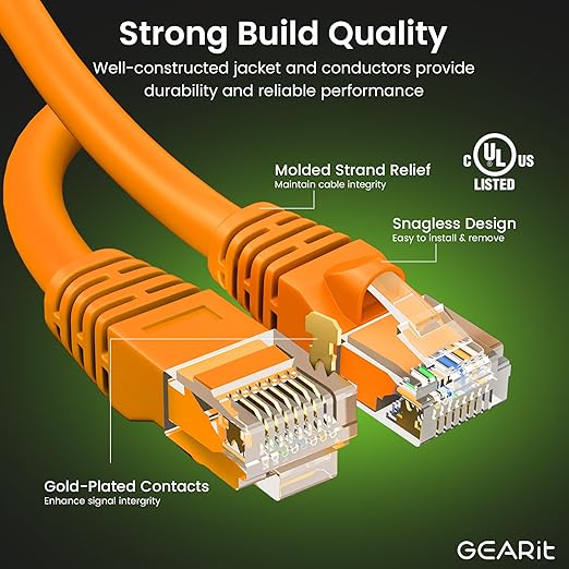GEARit Cat 6 Ethernet Cable (24-Pack 1 Foot) Cat6 Network Patch, 10Gbps, RJ45, Snagless Cord, Gold-Plated Connectors, Internet for PC, TV, Tablet, Router, Printer, Servers, IT Data Center - Orange