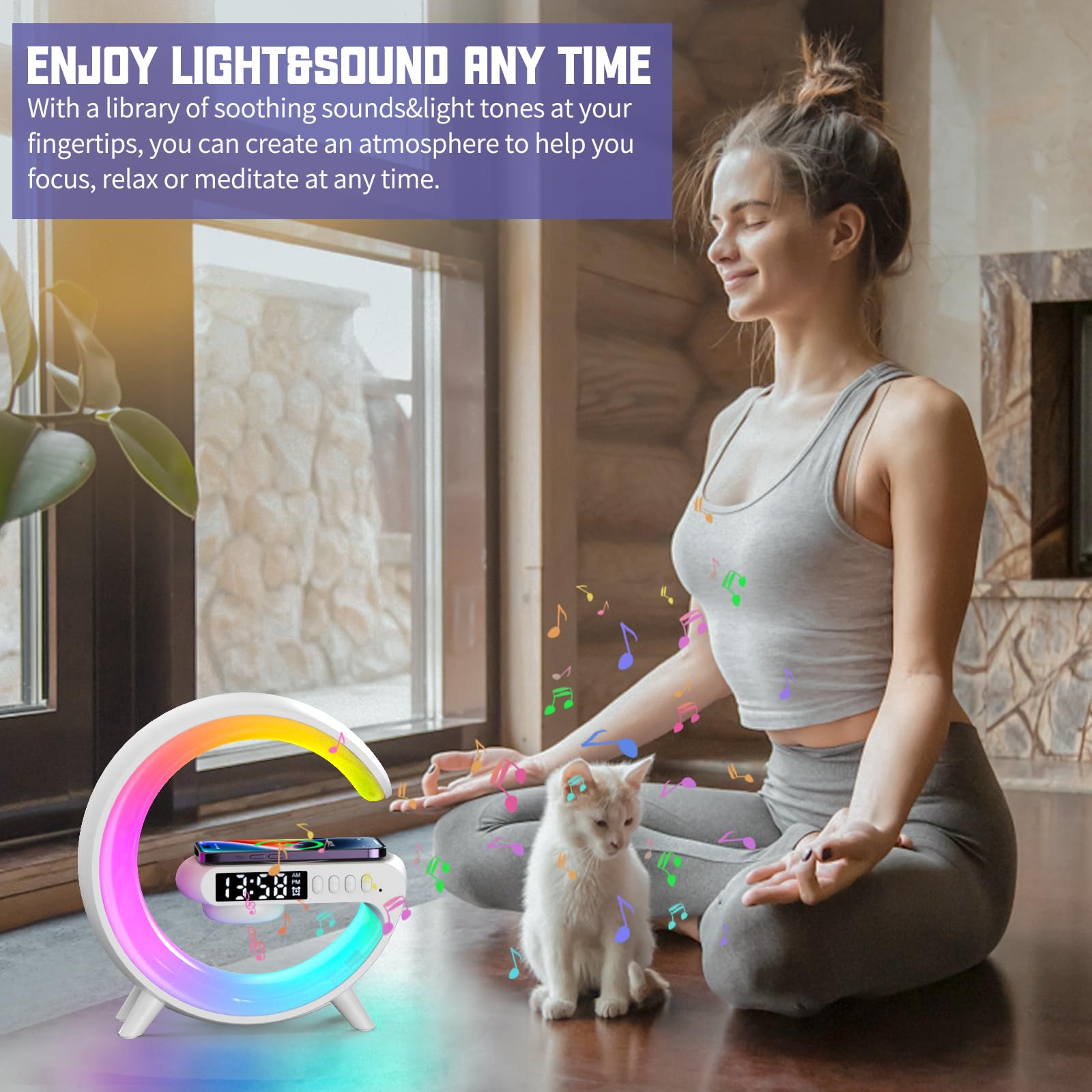 XCDIFA Mini LED Table Lamp with 4-in-1 Wireless Charger, Night Light, Sunrise Alarm Clock, Bluetooth Speaker, Smart Atmosphere Table Lamp for Bedroom, Office, Home Decor (White)